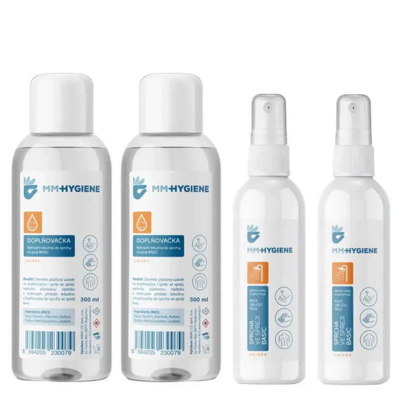 MM Hygiene Travel Shower in Spray Set - Cestovní mycí sada 2x100 ml sprcha ve spreji + 2x300 ml doplňovačka