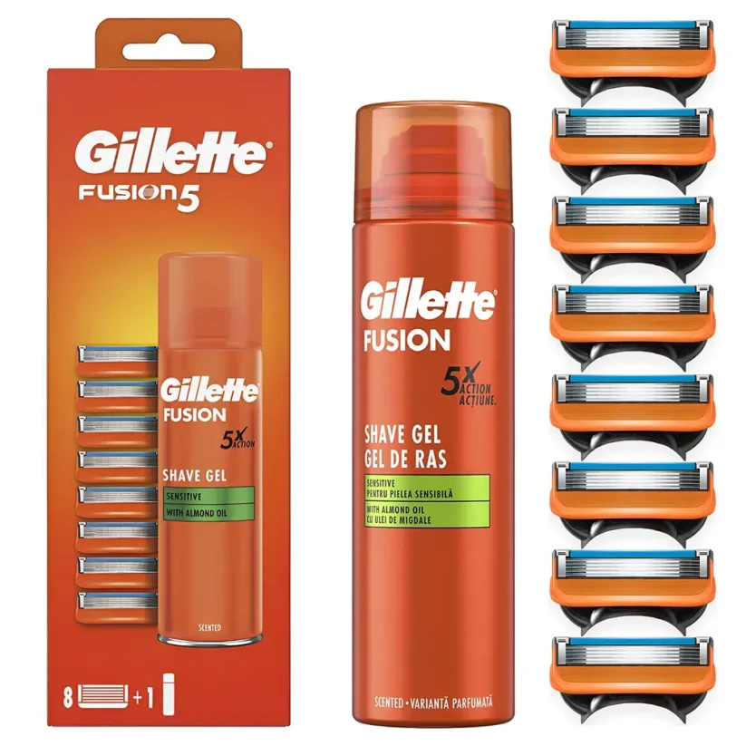 Gillette Fusion5 Náhradní hlavice pro holící strojky 8 ks + gel na holení 200 ml