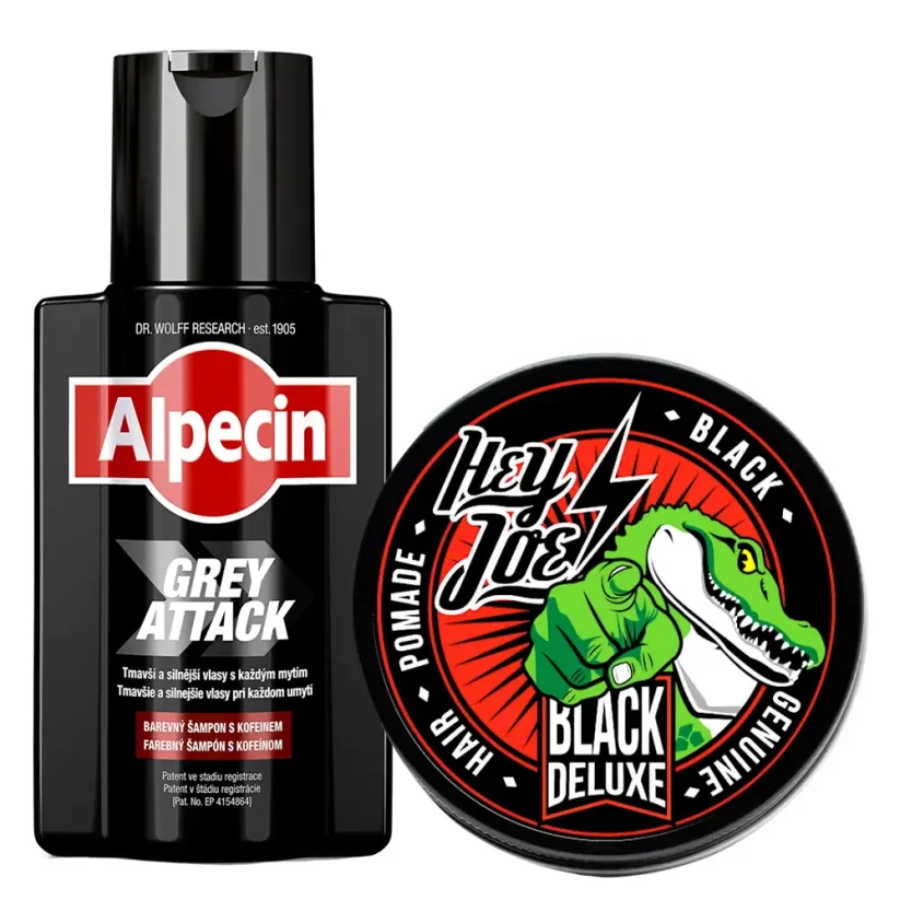 Alpecin Grey Attack & Hey Joe Black Deluxe Set - Sada šamponu a pomády pro ztmavení šedin ve vlasech